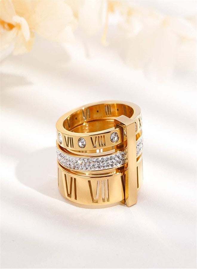 SINLEO Stainless Steel CZ Zirconia Roman Numeral Ring for Women 3 in 1 Trinity Wedding Band Spinner Rings Gold Size 7.5 - Image 3